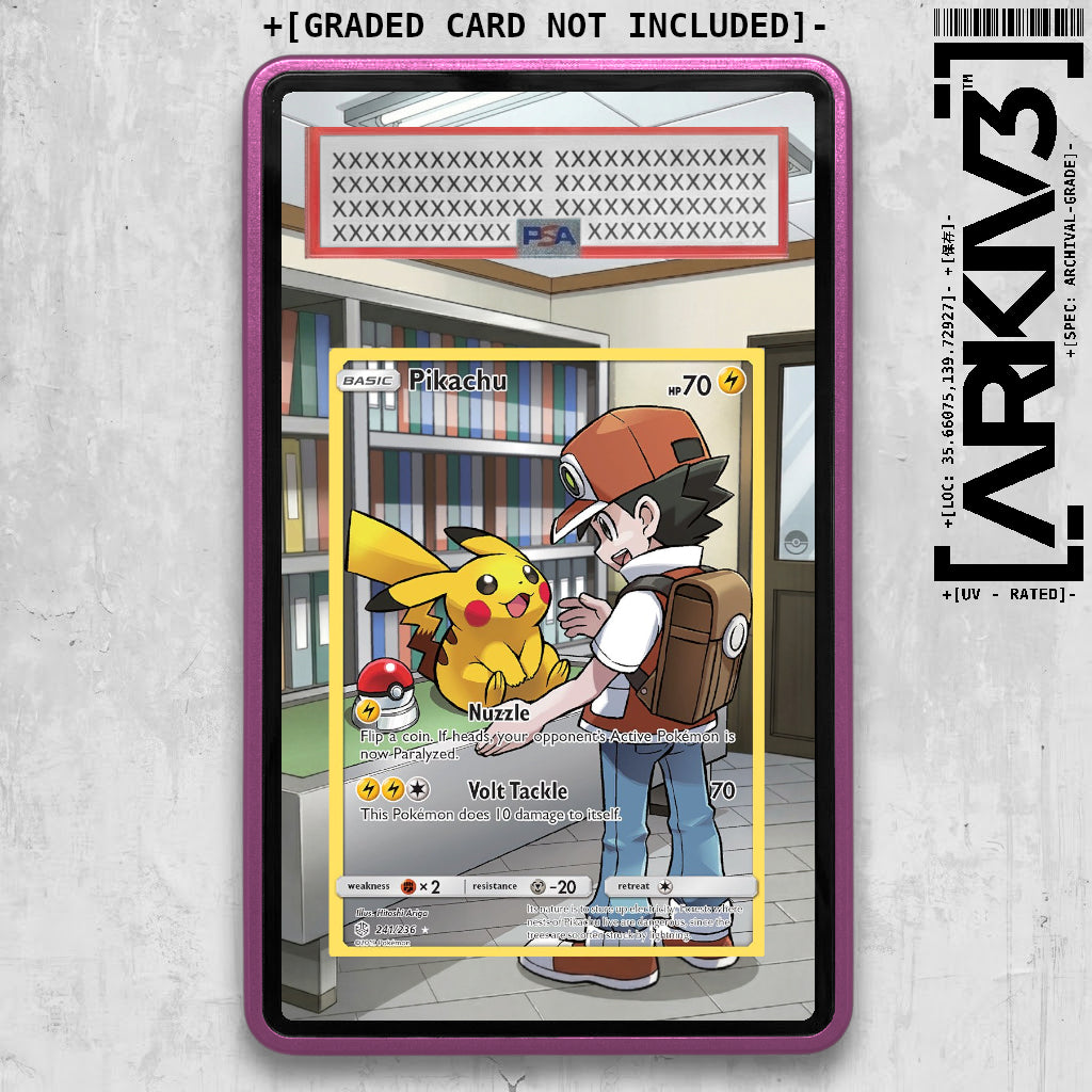 ARKIV3 Pikachu Extended Art graded card in a display case with a purple background, showcasing detailed artwork and protective casing.