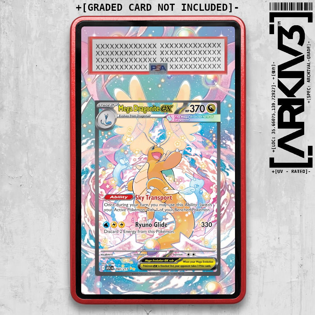 Graded Mega Dragonite ex extended art Pokémon card in display case with ARKIV3 branding, featuring vibrant dragon artwork.