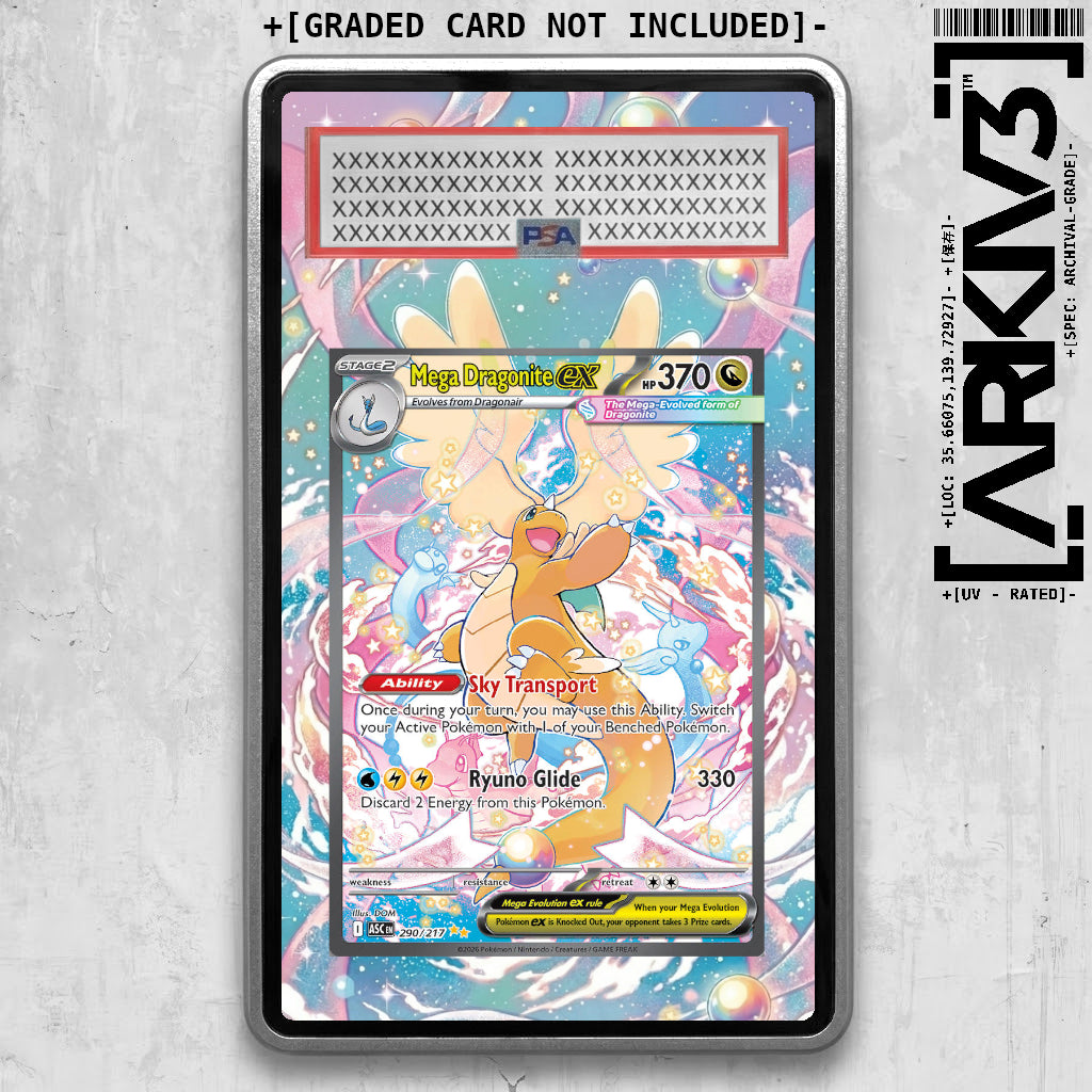 Silver Mega Dragonite ex Extended Art graded Pokémon card in display case by ARKIV3 with protective casing and label