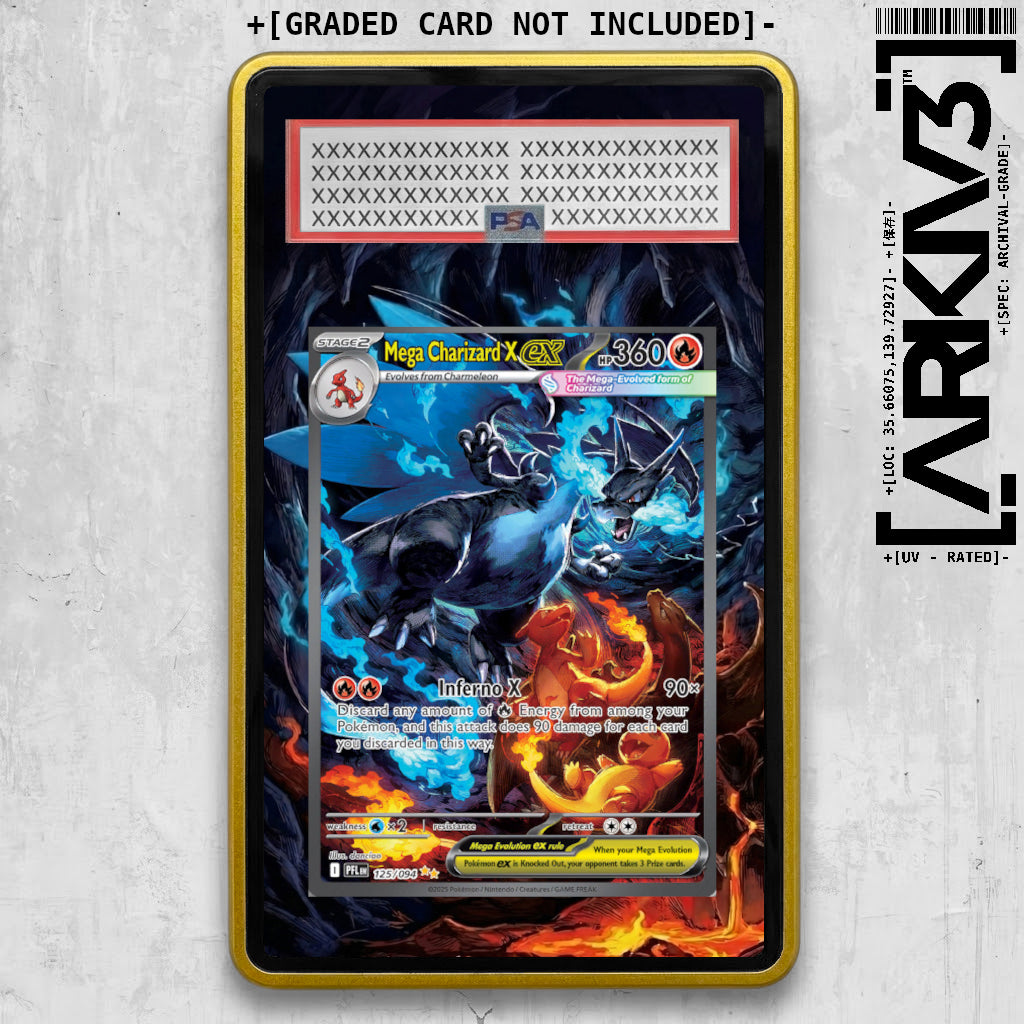 Yellow Mega Charizard X EX extended art Pokémon card in graded display case by ARKIV3.