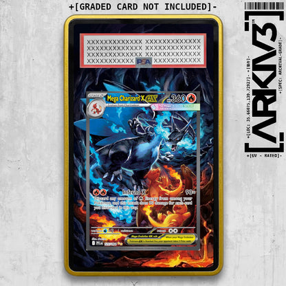 Yellow Mega Charizard X EX extended art Pokémon card in graded display case by ARKIV3.