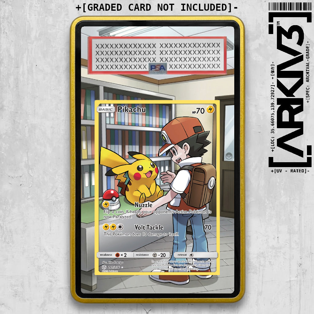 ARKIV3 Pikachu Extended Art graded card display case with yellow background and clear protective cover.