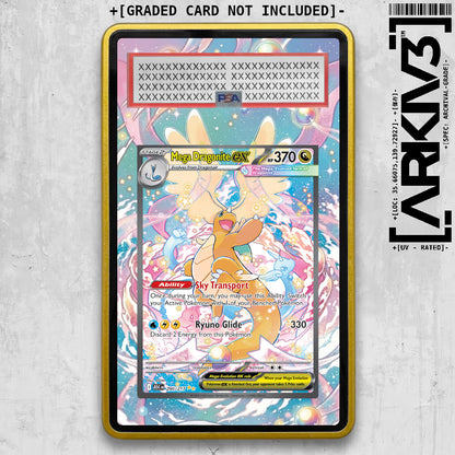 Extended Art Mega Dragonite ex graded Pokémon card in a display case, featuring vibrant artwork and protective casing.